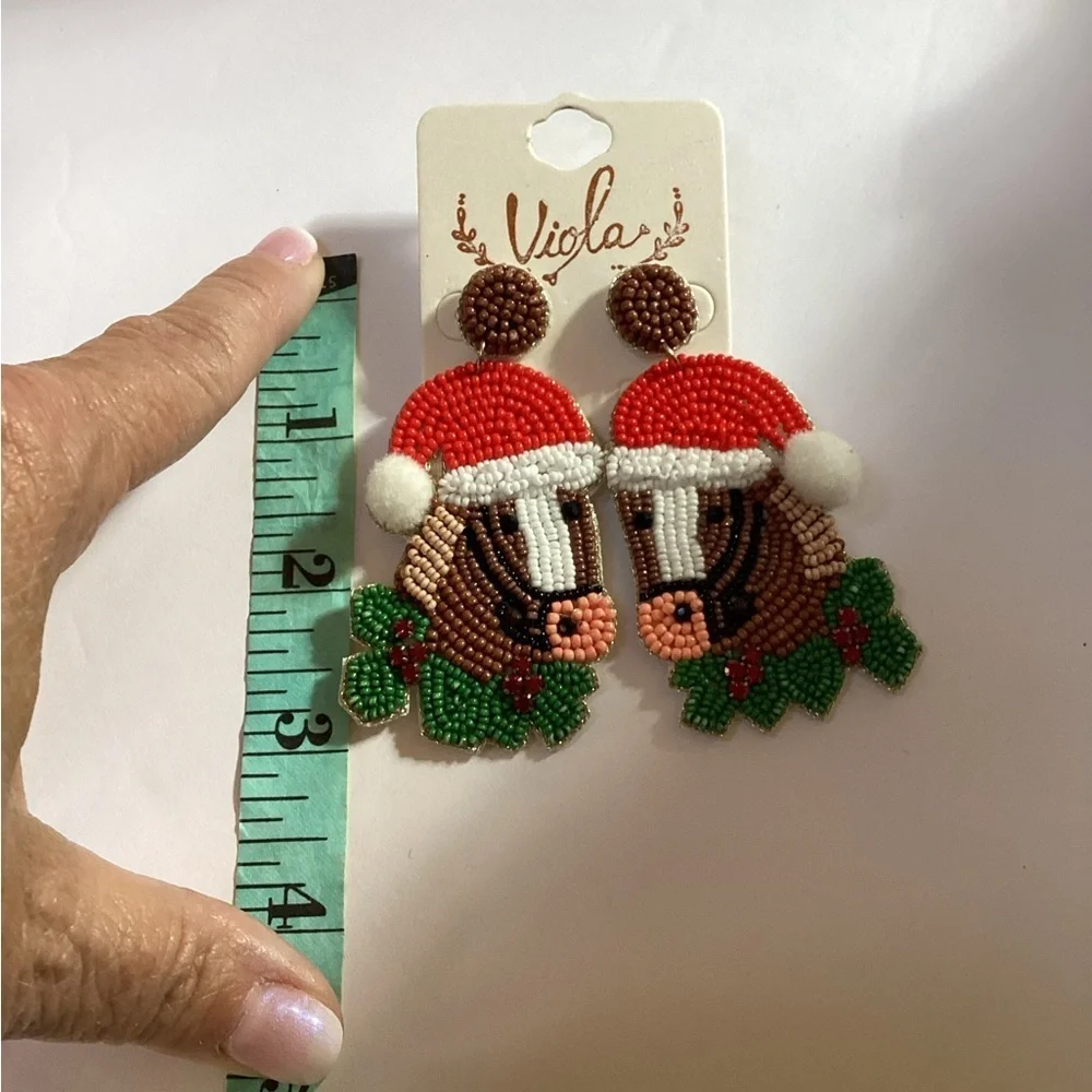 Viola, Beaded Festive Horse Dangle Pierced Earrings. NWT